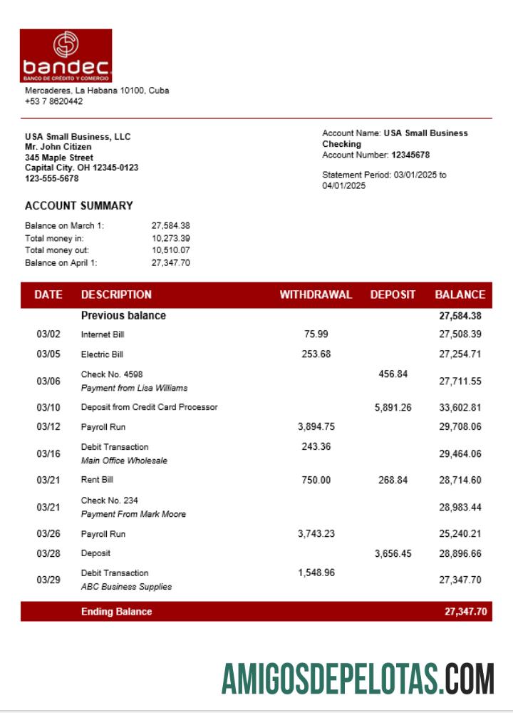 Bandec Banco De Credito Y Comercio Business Firm Account Bank Statement Word And PDF Format amostra